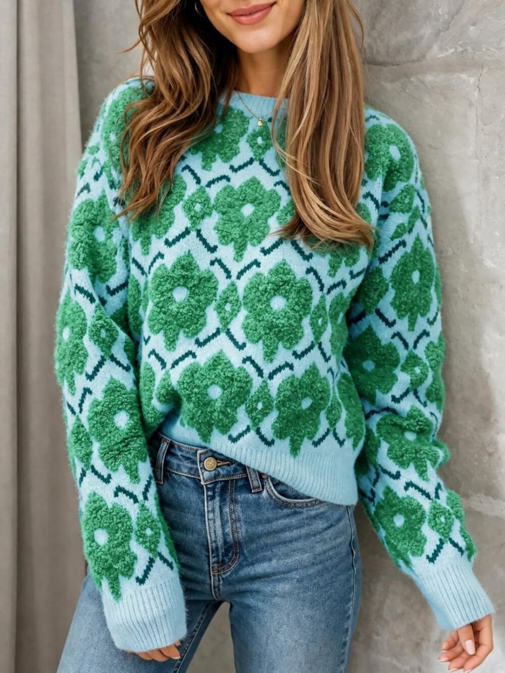 Women's Green Floral Crewneck Long Sleeve Oversized Knit Casual Winter Sweater - Picture 4 of 6